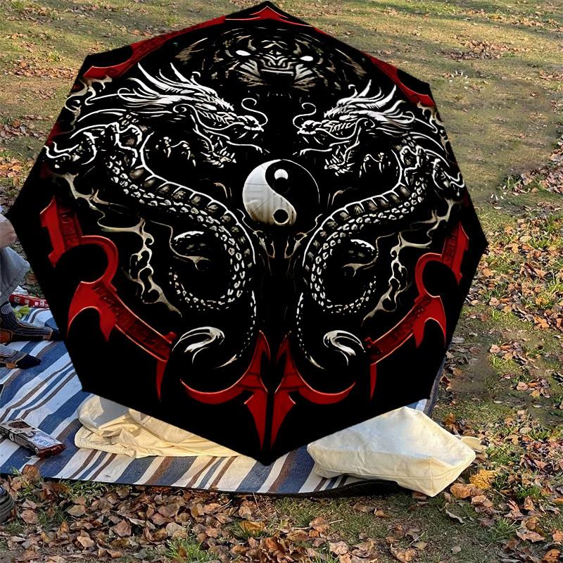 1PC Dragon Yin Yang Automatic Open/Close Umbrella with Windproof, 8-Rib Sturdy Canopy, Durable Ribs, Fashionable Design, Outdoor Accessory, Fun Prin,