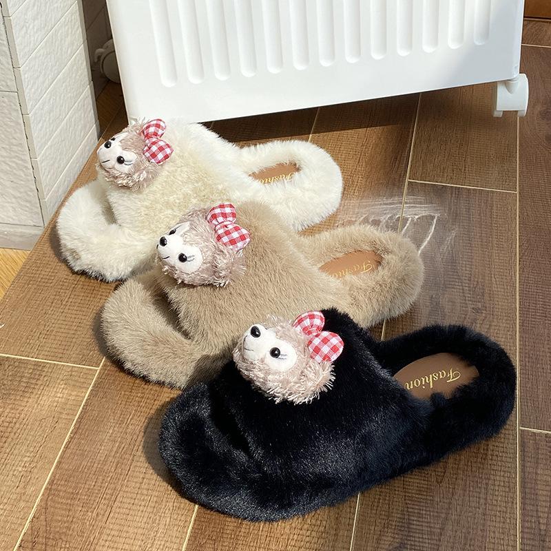 Cute fur slippers autumn and winter thick soled comfortable soft soled one-piece cotton slippers