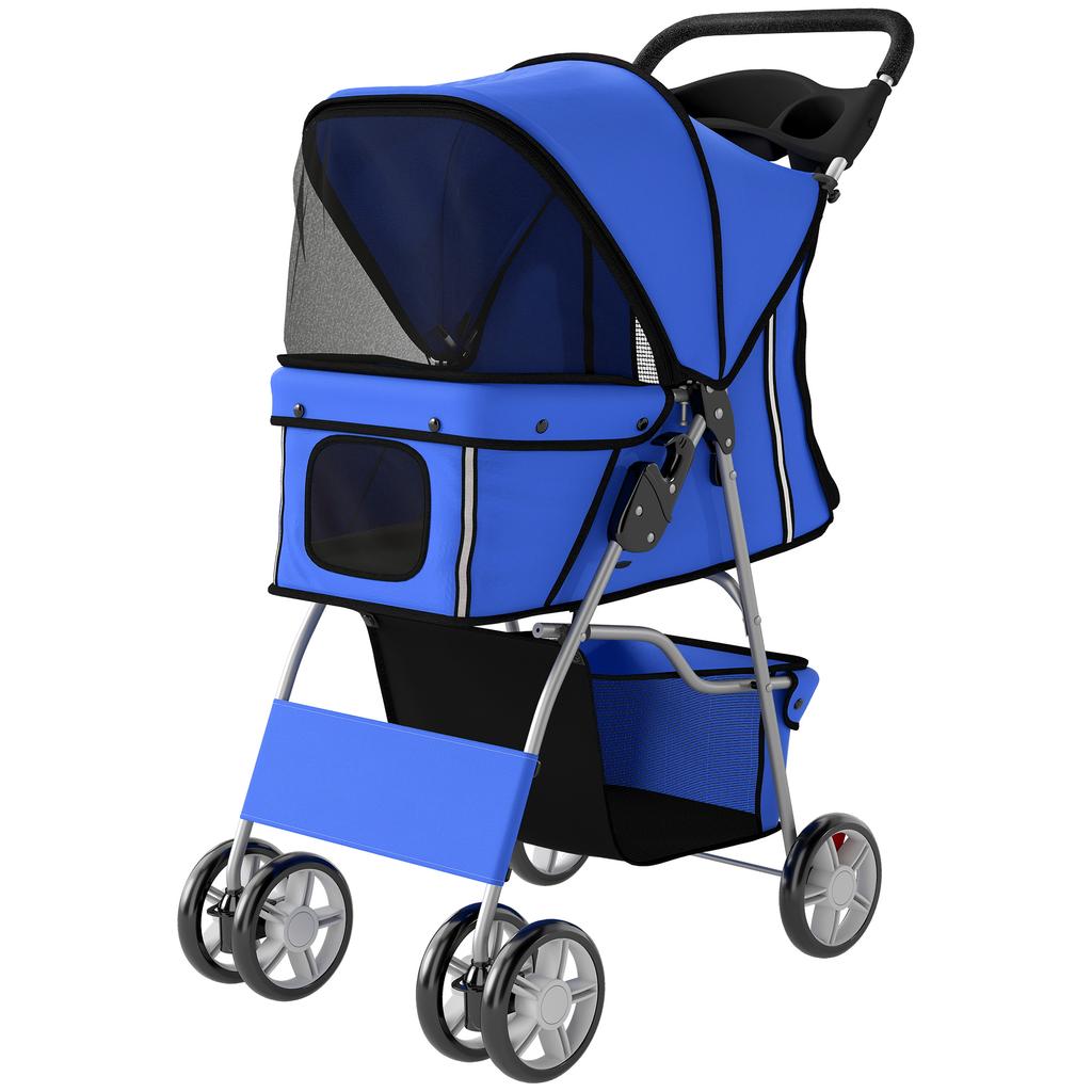 Dog Pram, Pet Stroller with Reflective Strips, Foldable Cat Stroller with 360 Degrees Swivel Wheels, Blue