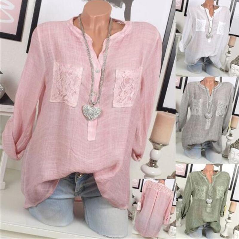 Chic Lace Shirt Autumn Women V-neck Long Blouse Loose Plus Size Sleeve S-5xl