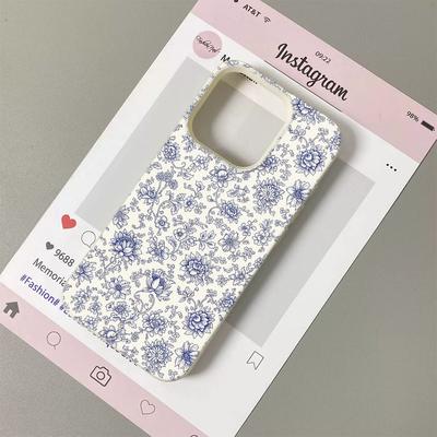 Blue White Floral Toile De Jouy Lichee Leather Pattern Phone Case For iPhone 17 16 15 14 13 12 11 Air Pro Max Plus X XR XSMax