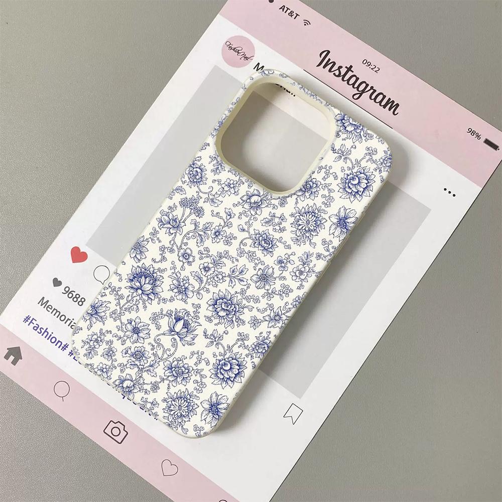 

Сине-белый цветочный узор Toile De Jouy с узором из кожи личи Чехол для телефона для Samsung S26 S25 S24 S23 S22 S21 S20 Plus FE Ultra 4G 5G Samsung S21 5G