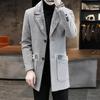Męska Kurtka Biznesowa Średniej Długości Jednorzędowa Jednolita z Pluszowym Kołnierzem Jesień Zima Wełniany Płaszcz Wiatrówka Streetwear