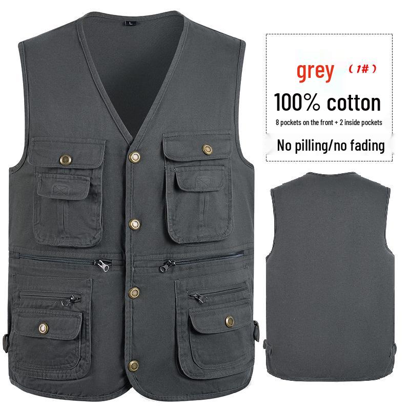 Men's Army Green Multi-Pocket Cotton Tank Top, Plus Size 10XL, Spring/Autumn Wear