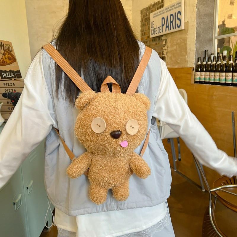 Button Bear Eyes Cartoon Plush Backpack Cute Girl Bag For School And Travel