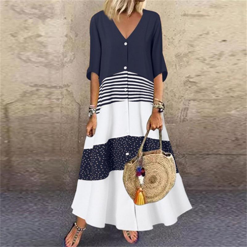 V-neck Short-Sleeve Printed Long Button-Up Casual Dress