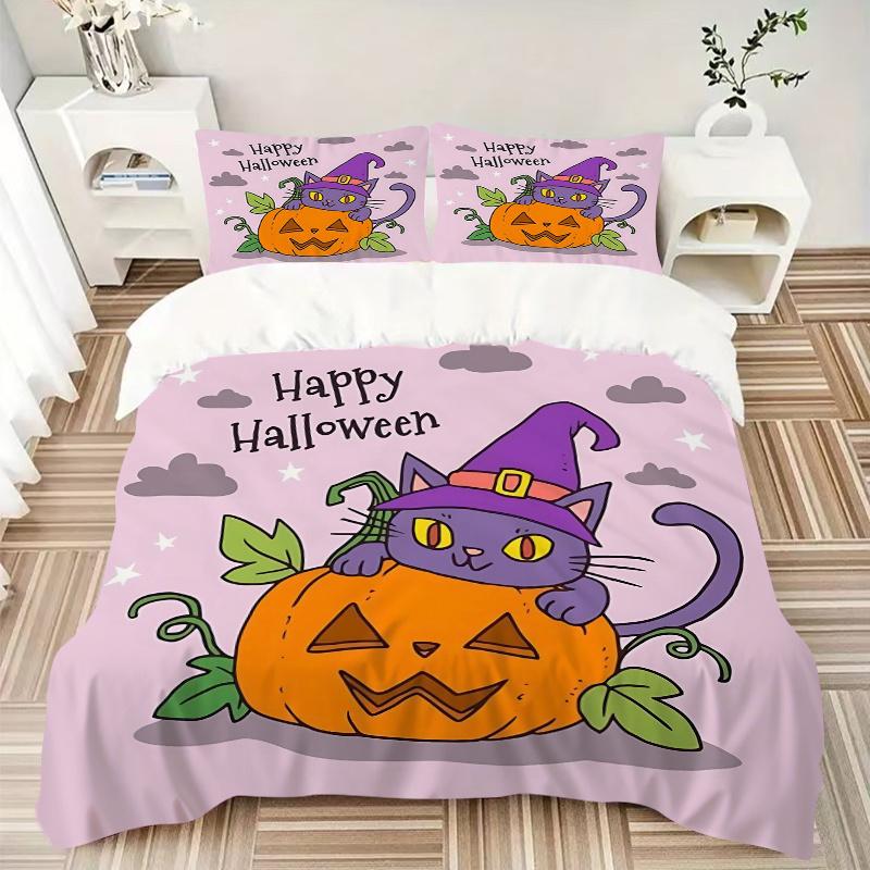3pcs Happy Halloween Purple Wizard Cat & Pumpkin Pattern Bedding Three-Piece Set (1 Cover + 2 Pillowcases, No Fillings), This Printed Bedding Set