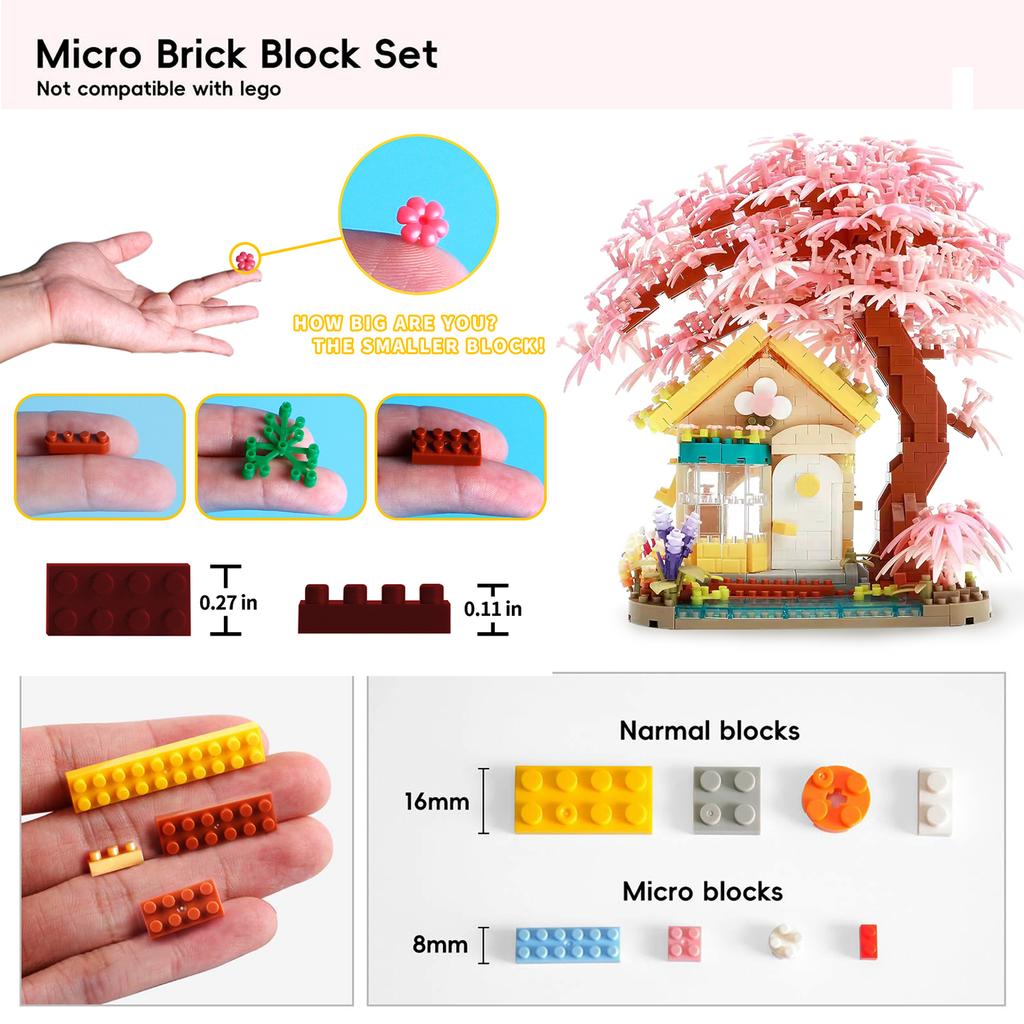 Mini Pink Cherry Blossom Tree House Micro Building Blocks Set 1500pcsModel Decoration Romantic Gift for Her