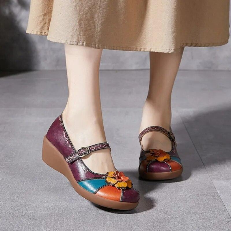 Johnature Vintage Flower Colour Wedges Sandals Genuine Leather Handmade Ethnic Style Comfortable Women Shoes