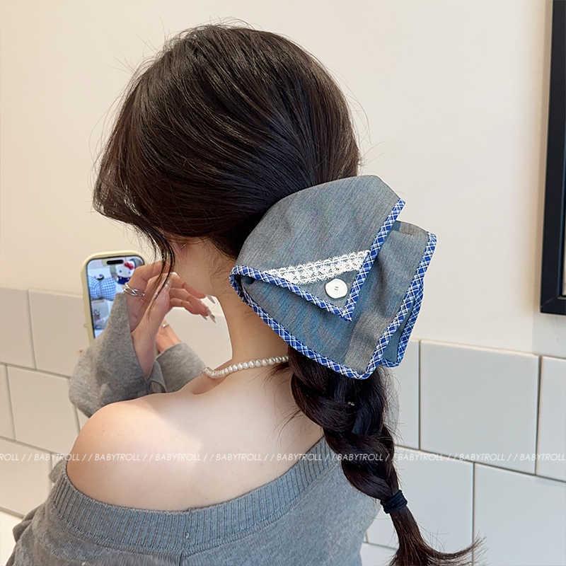 Elegant Gray-Blue Plaid Square Intestine Hair Tie and Scarf - Retro Artistic Korean Style with Lace Patchwork синий