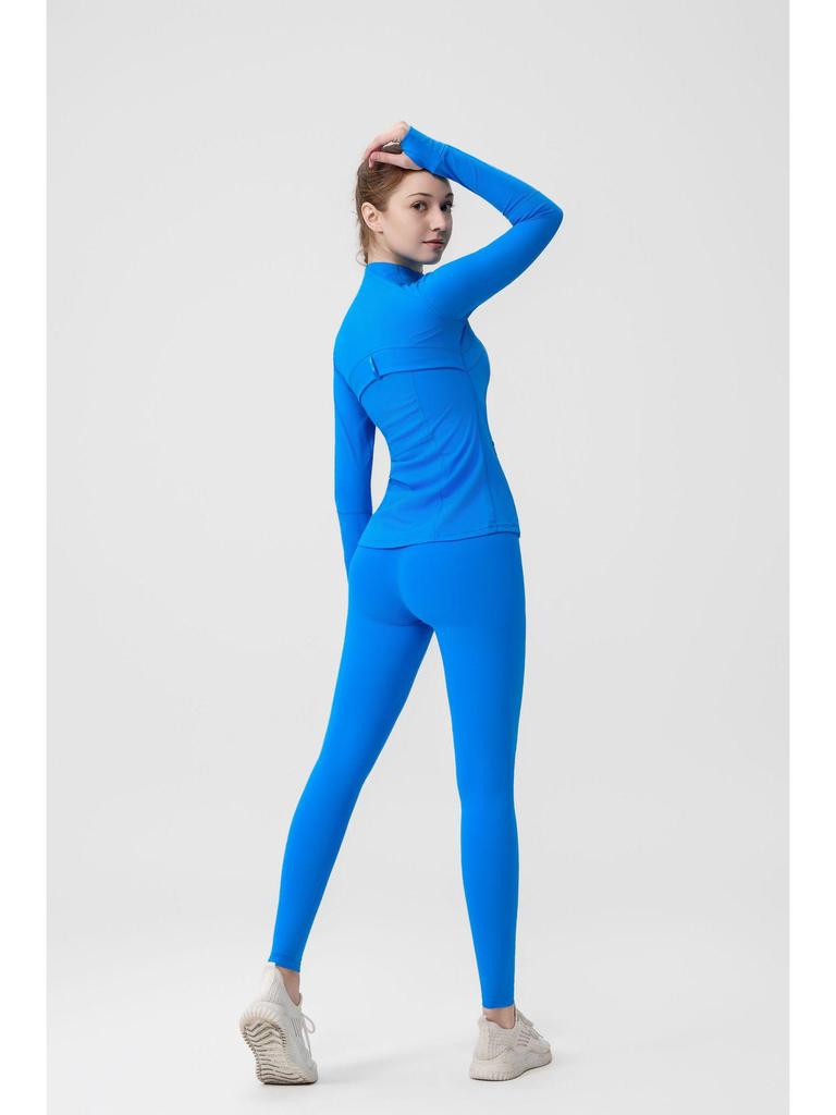 Lulu Original Yoga Anzug: Schnelltrocknendes Set mit Stehkragenjacke & Elastischer Neun-Punkt-Hose, Goldener Reißverschluss.