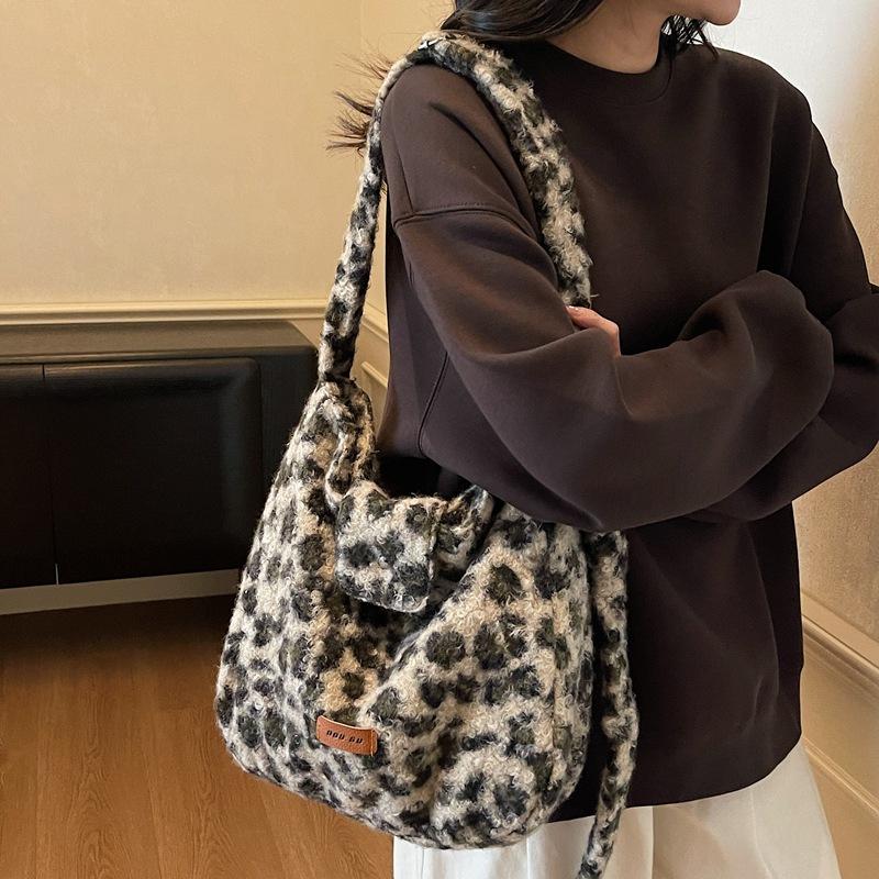 Leopard Print Fur Bag Women's Shoulder Crossbody Bag Vintage Tote Bag