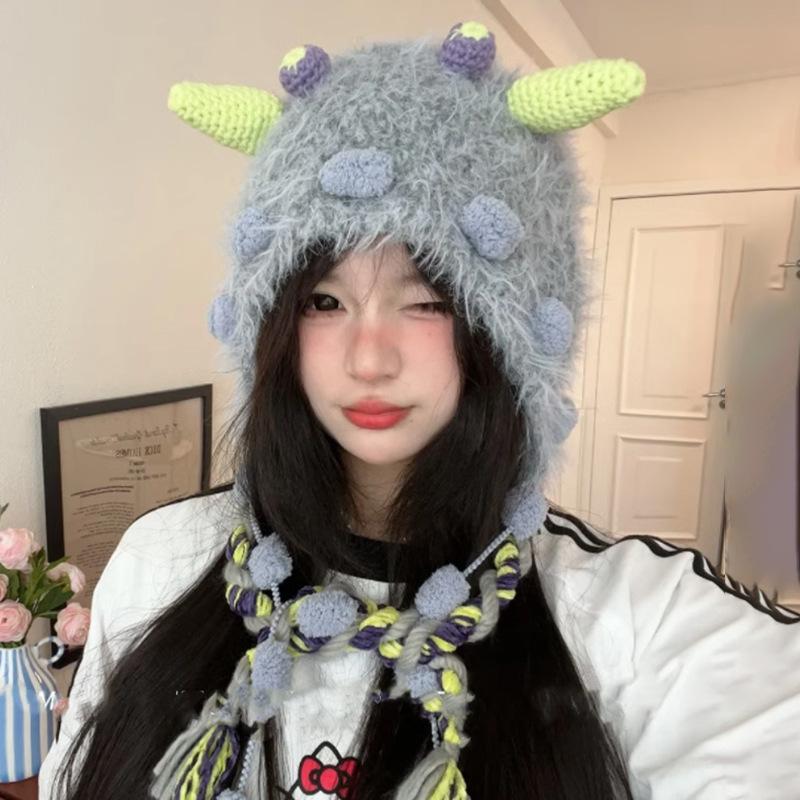 Autumn and winter candy monster cute handmade knitted hat plush playful funny little monster wool hat autumn and winter warm hat
