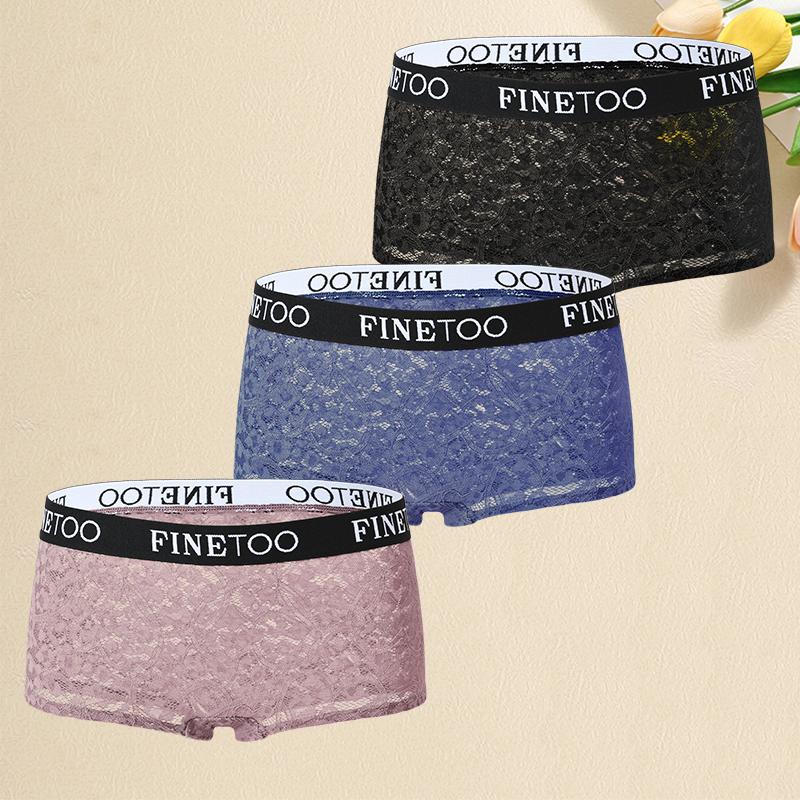 FINETOO 3Pcs/Set Mid-Waist Underpants Lace Boxer Briefs For Women Sexy Transparent Underwears Comfortable Soft Panties S-XL Size