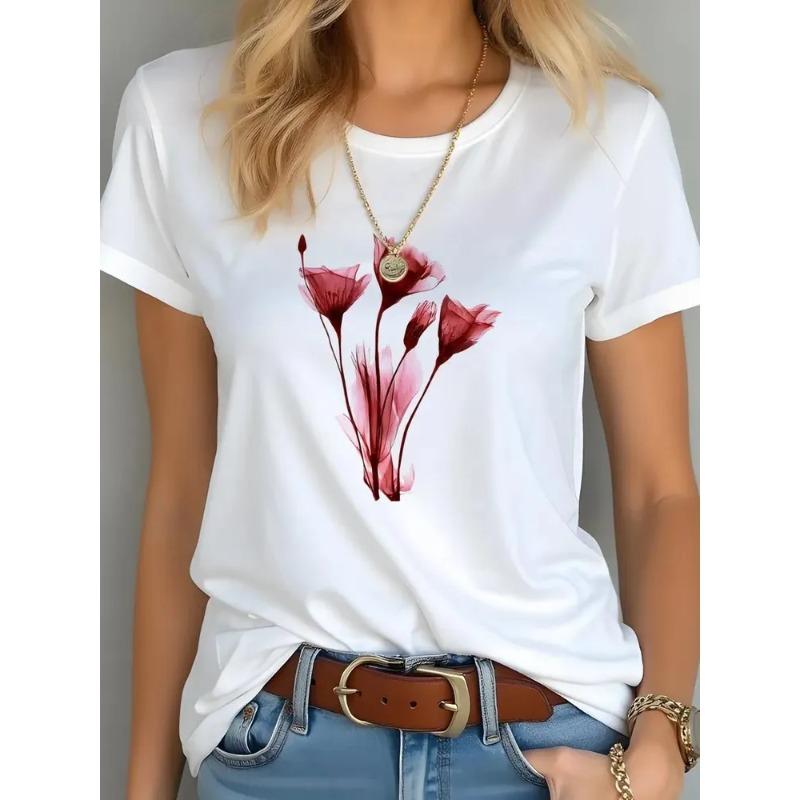 Summer Round Neck Flower Printed Top Fashionable Casual Short Sleeved Women's T-shirt