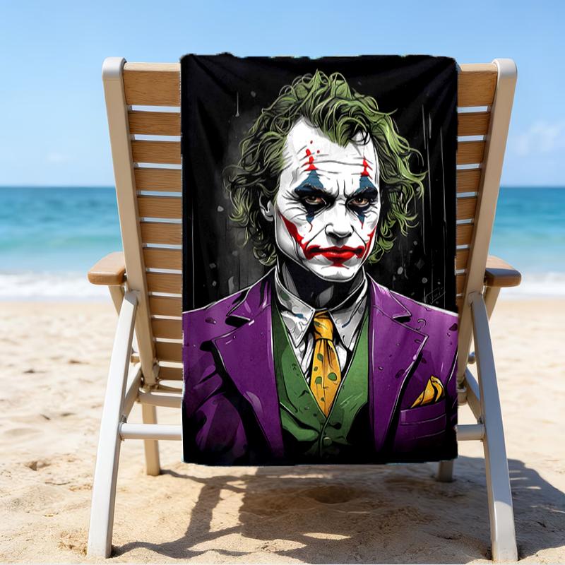 proof beach towel with a Joker character pattern - soft,absorbent,quick-drying,machine washable - perfect for swimming,camping,bathing