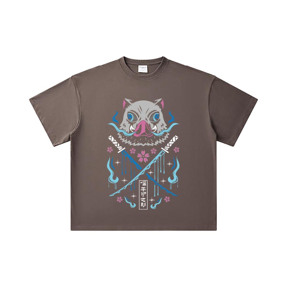 260 GSM Double Yarn 32 Count 100% Cotton Demon Slayer V97 Inosuke Print Unisex Heavy Cotton T Shirt
