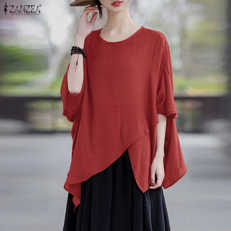 ZANZEA Women Casual Round Neck Summer Half Sleeve Irregular Hem Blouse
