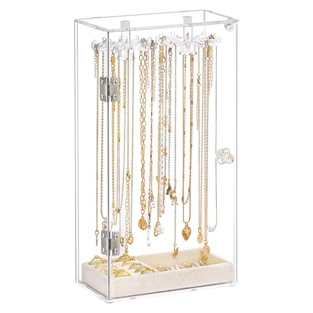 Jenseits Necklace Organizer with Mirror, Acrylic Necklace Holder Organizer w/Velvet Tray, 24 Hooks Jewelry Organizer Holder Storage Stand, Ring Earri