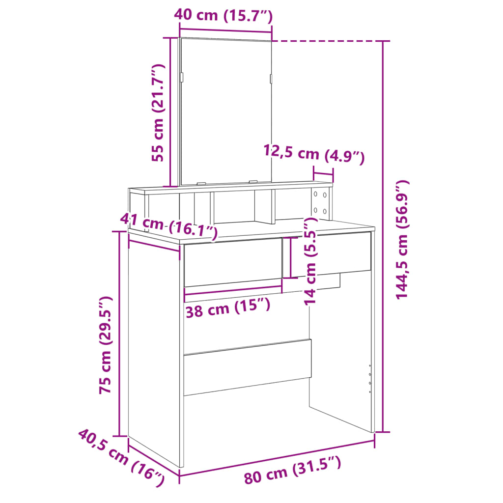 Makeup Table with Mirror Concrete Grey 80 x 41 x 144.5 cm