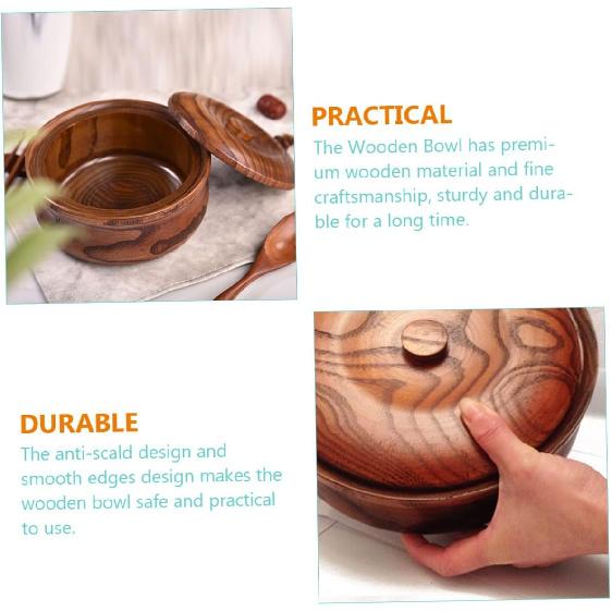 Decorative Wooden Bowl with Lid Premium Solid Wood Serving Bowl for Salad Rice Noodles and Soup and Easy To Clean Home and Restaurant Use