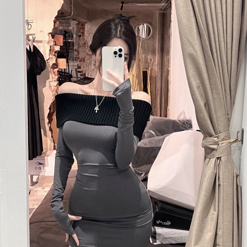 Fashionable retro sexy off-shoulder long-sleeve dress for women, new winter slimming pencil skirt, trendy style