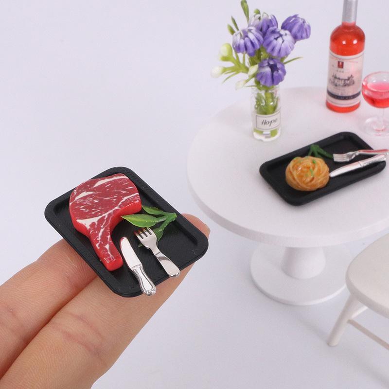 5 Pezzi Bistecca Simulato Piatto per Pasta Coltello e Forchetta Kit Modello Casa delle Bambole Cucina Decorazione Cibo Giocattolo Accessori DIY