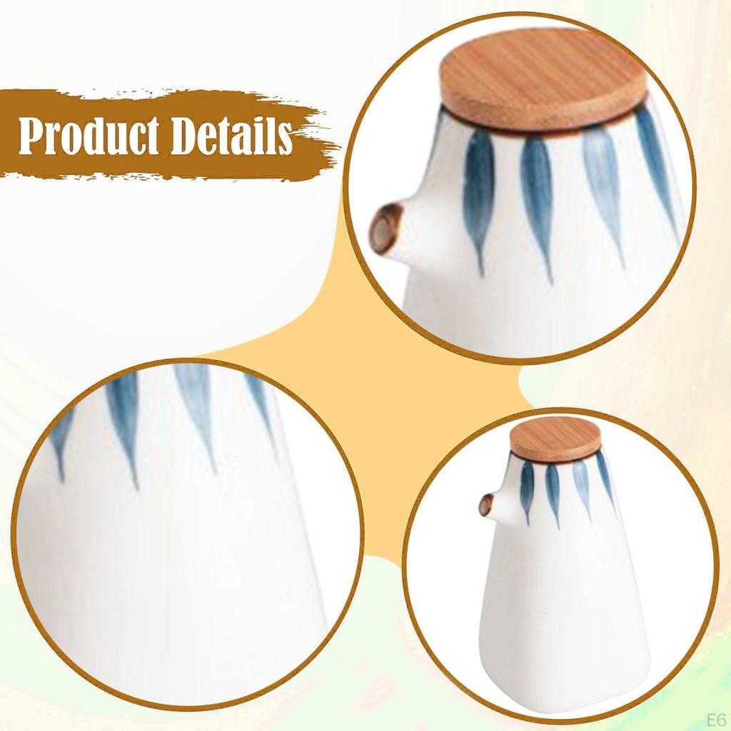 Ceramic Oil Dispenser Bottle for Home Kitchen Restaurant 220ml Chinese Pourer Cruet with Wooden Lid