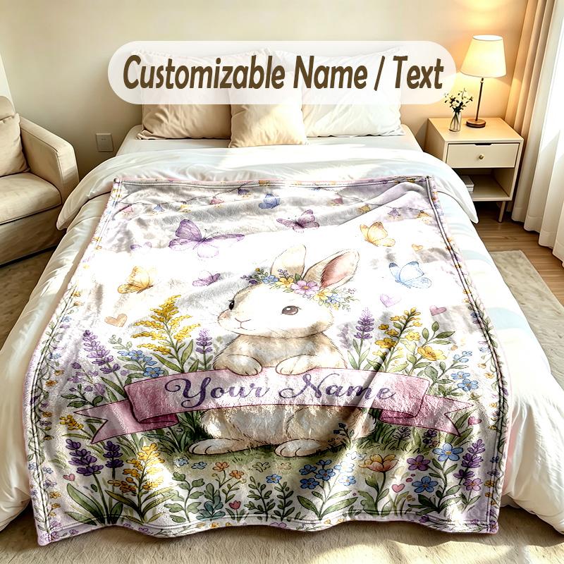 Easter Bunny Theme Soft Blanket Personalized Custom Name Text Print Warm Blanket Home Sofa Bedroom Decor