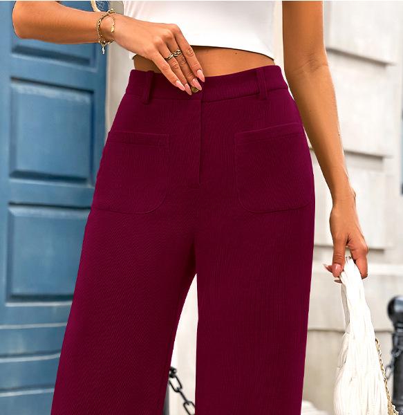 Women's High Waist Elastic Casual Pants with Button and Pockets