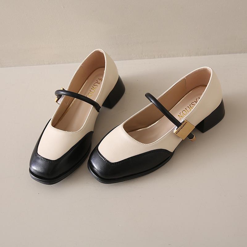 

French splicing square head shallow mouth single shoes women s 2025 spring and autumn new soft sole one-word buckle with skirt temperament small l 40 чёрный