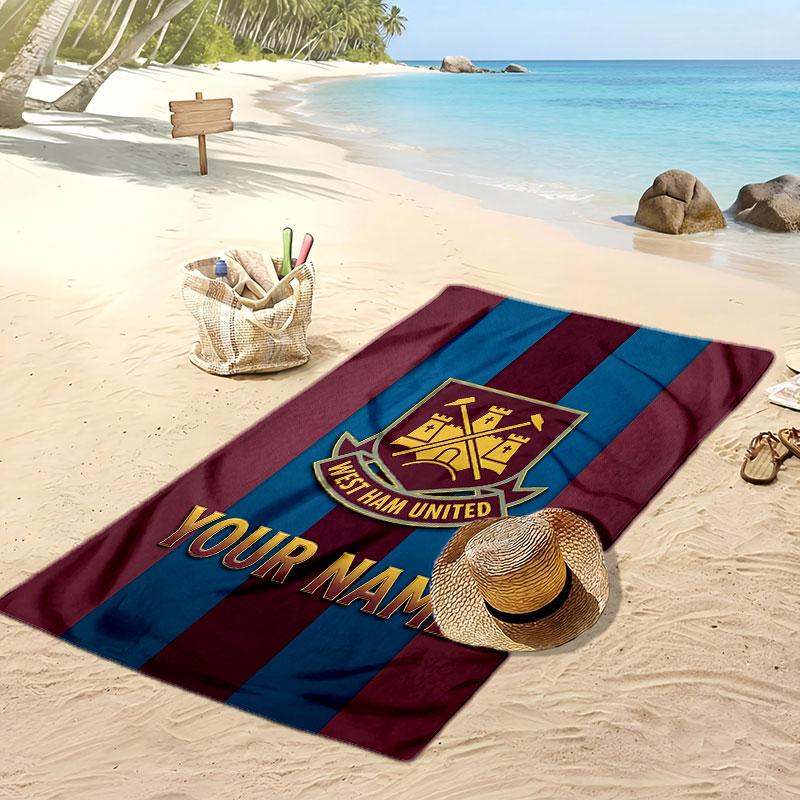 West Ham United FC Personalized Printed Beach Towel Soccer Logo Support Custom Name Text Absorbent Towel For Sport Travel Special Gift