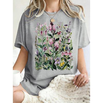 Camisetas para Mujer con Diferentes Diseños de Flores Hermosas Algodón Verano Camiseta Ropa Casual Holgada Transpirable Cuello Redondo Superior