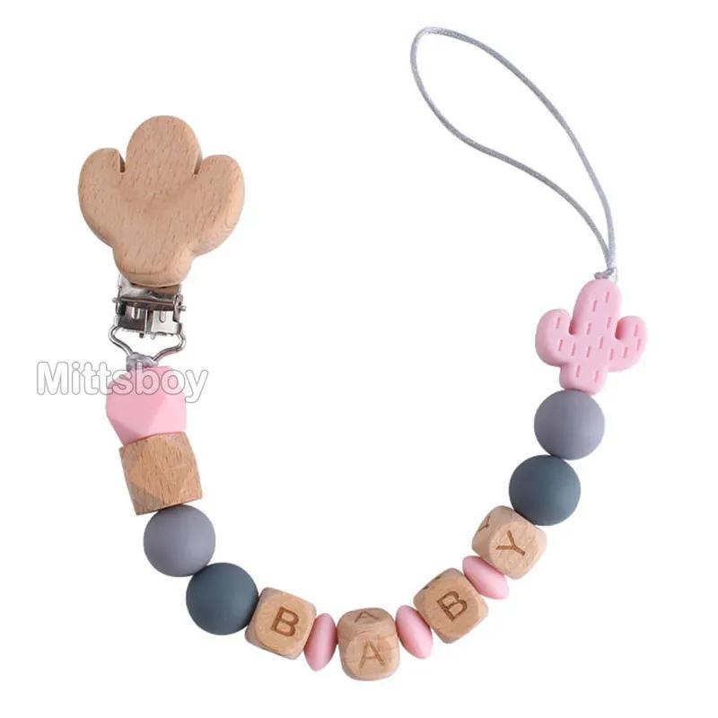 Handgefertigt Personalisierte Name Kaktus Schnullerclips Ketten Silikonperlen Personalisieren Säugling Chupetero Zahnung Personalisiert Geschenk