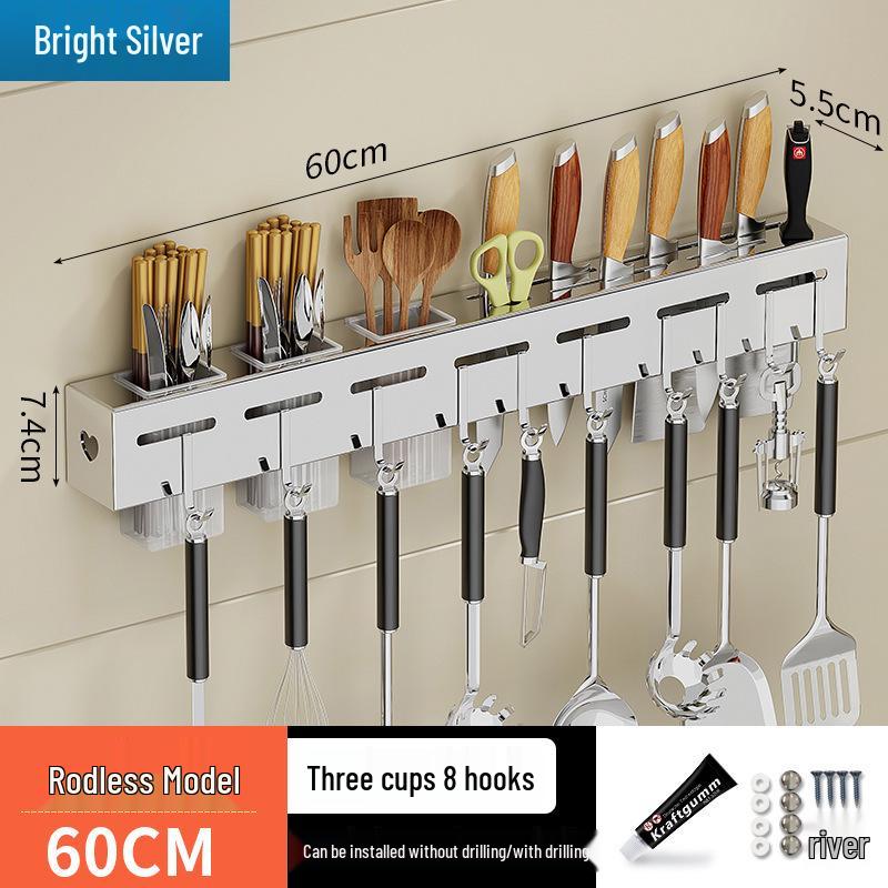 Stainless Steel Wall-Mounted Knife & Chopstick Holder with No-Punch Hanging Design
