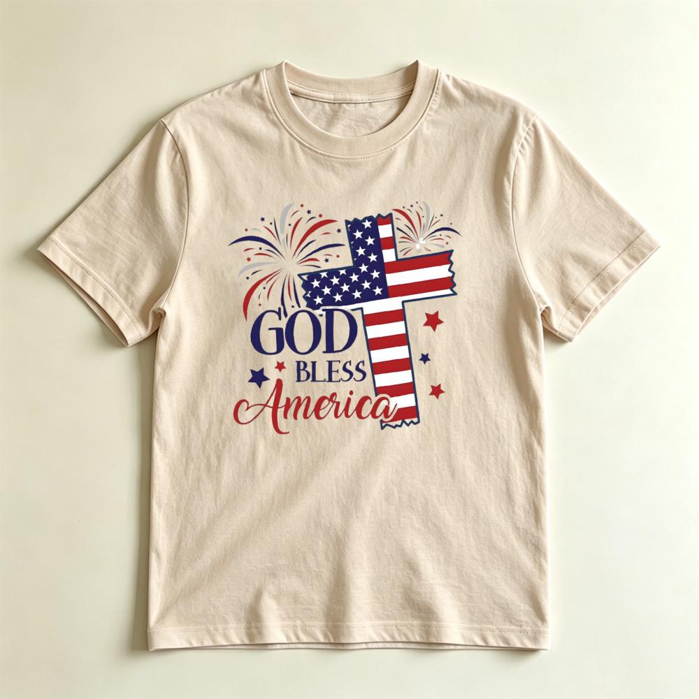 God Bless America American Flag Cross Graphic TShirt Patriotic 4th Of July Christian Tee Usa Independence Day Faith T