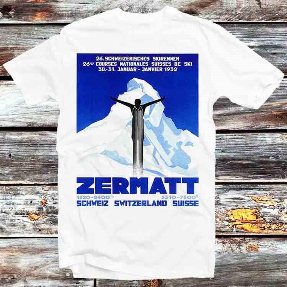 

230GSM 100% Cotton T-Shirt Zermatt Switzerland Vintage Ski Poster T Shirt Vintage Retro Gift Mens Womens Unisex Cartoon Anime Top Tee B1143 XS белый
