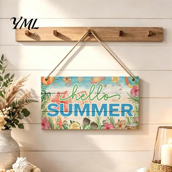 Beach House Wall Sign Summer Wooden Hanging Sign, Theme Welcome Front Door Decor with Themed Gifts Rope, Colorful Hanger for Seasonal Farmhouse Floral
