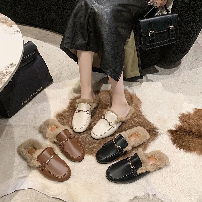 Autumn/Winter 2025 Women's Fuzzy Mule Slippers with Chunky Heels and Round-Toe Design