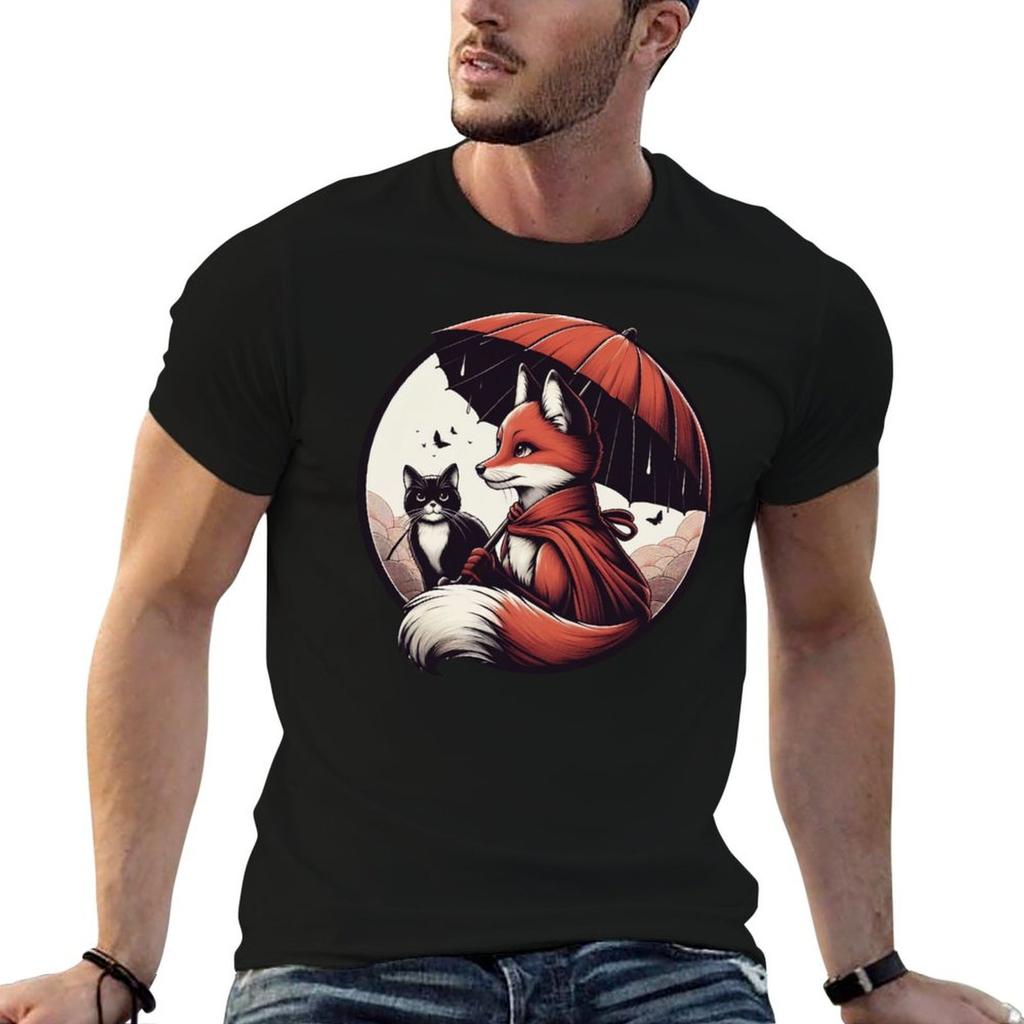 Japanese Style Fox And Cat Tshirt Plus Size Nonshrink Tshirt