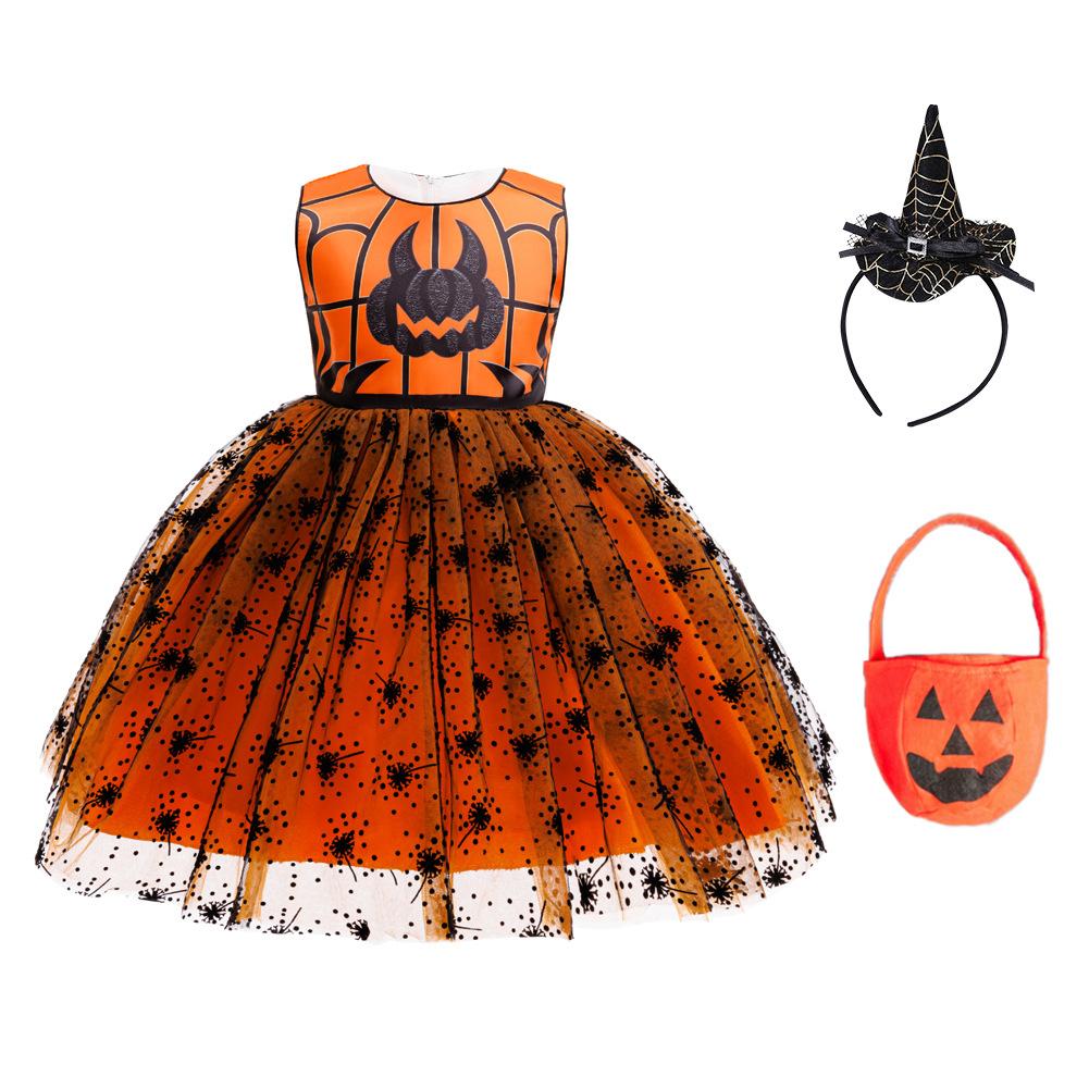 Halloween Bedrucktes Mesh-Kleid Kleid Hexenhut Pompon Dreiteiliges Set Mädchenkleid 936 Lieblingskleid für kleine Mädchen Kleider