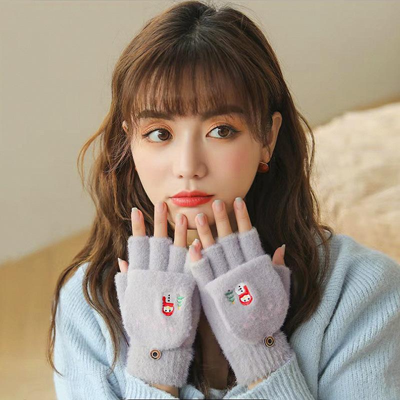 Women's Touch Screen Gloves Embroidered Snowman Cute Imitation Mink Warm Knitted Plush Autumn and Winter Cold-proof Finger Gloves