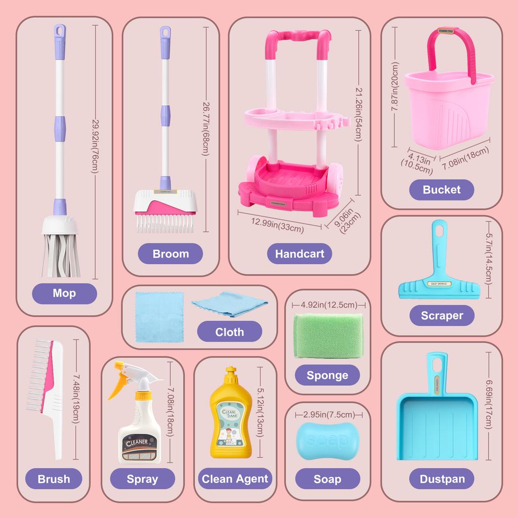 Premium-Quality 12Pcs/Set Youngsters High-Standard Cleaning Collection Kit Superior-Grade With Top-Grade Handcart Top-Grade Simulated Top-Grade
