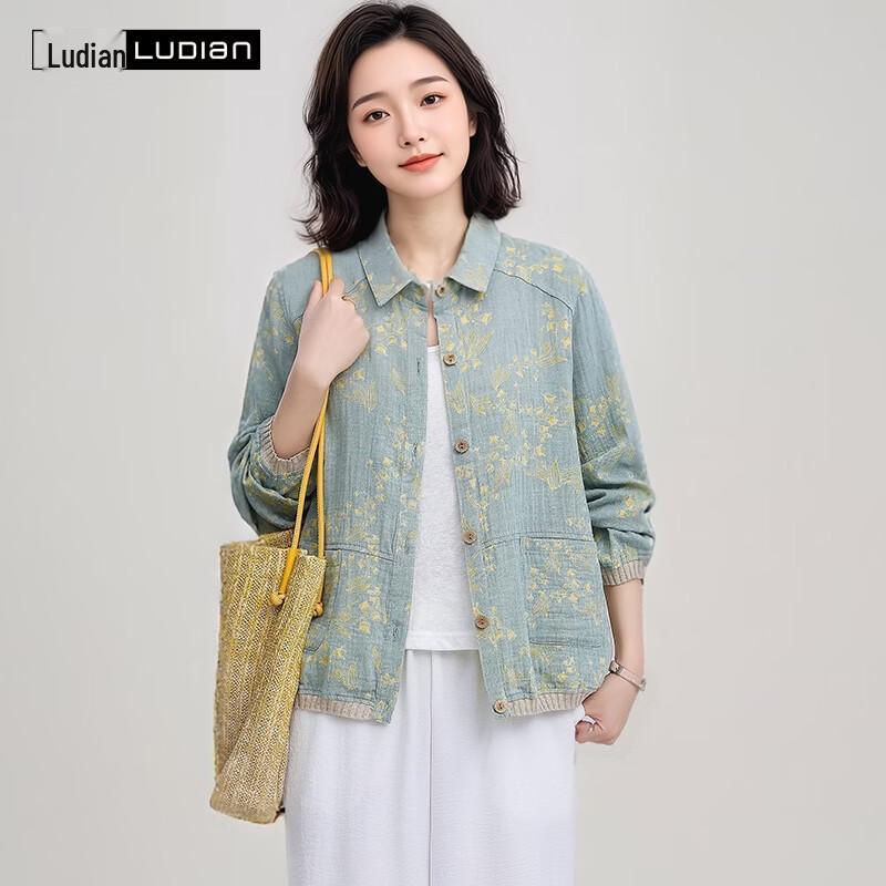 LUDian Women s 100% Cotton Floral Print Lapel Shirt Jacket 2XL