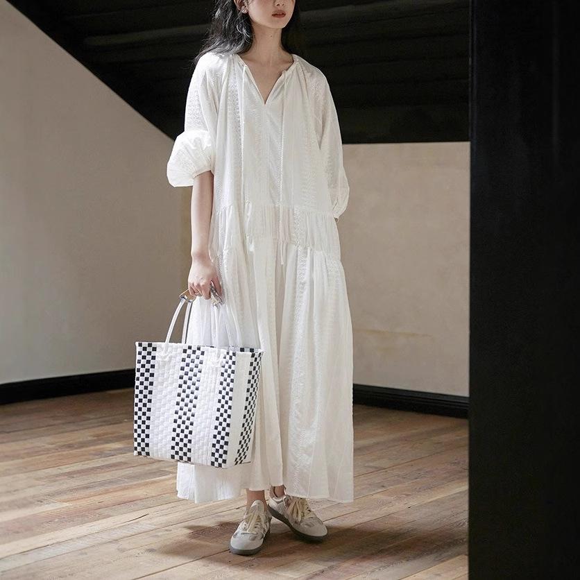 White Moonlight Small White Dress~ Romantic French Holiday Style Lace-up Long Dress Women's Loose Dress