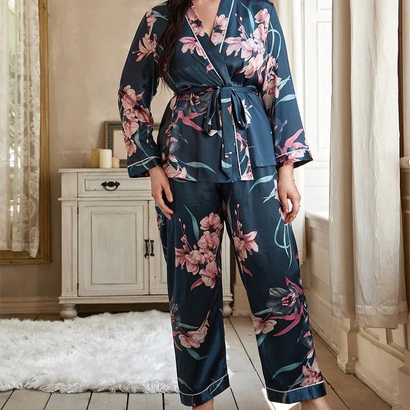 Women's Cardigan Printed Robe with Long Trouser Pajamas Set Loose Conjuntos Feminino Elegante Ladies Suits