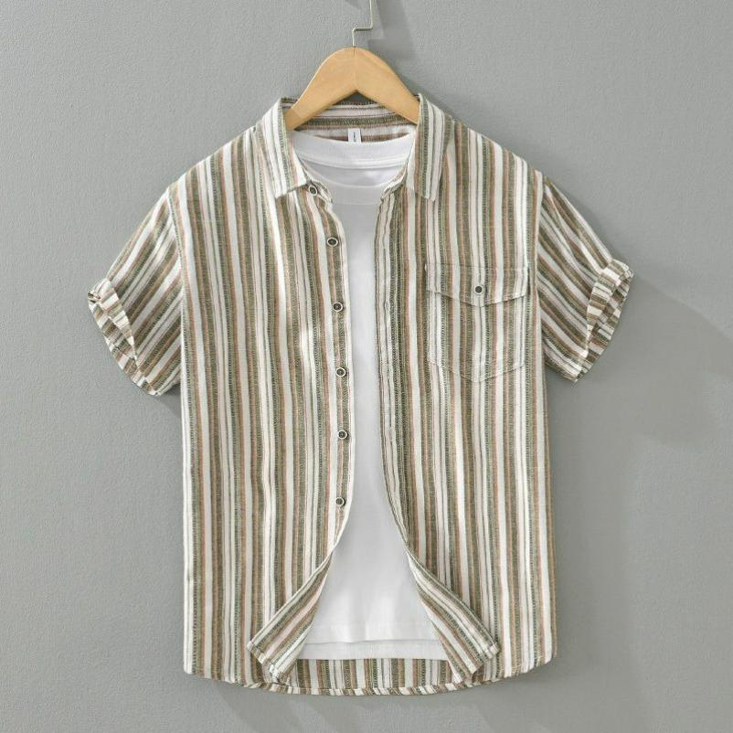 Color-matching Striped Linen Short-sleeved Men's Shirt Summer Fashion Casual Square Collar Loose Cotton and Linen Blouse