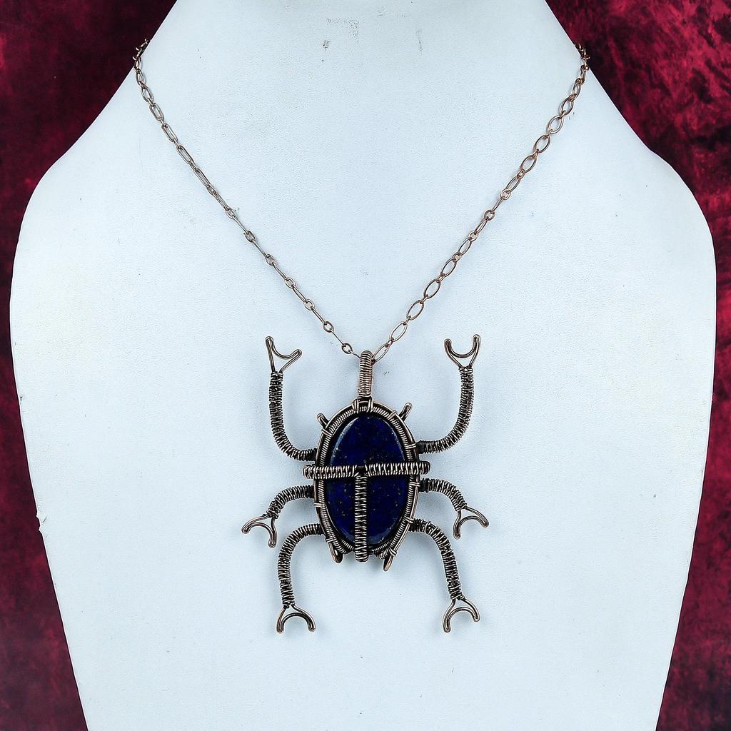 Lapis Lazuli Pendant Copper Wire Wrapped Jewelry Gemstone Pendant Beetle Pendant