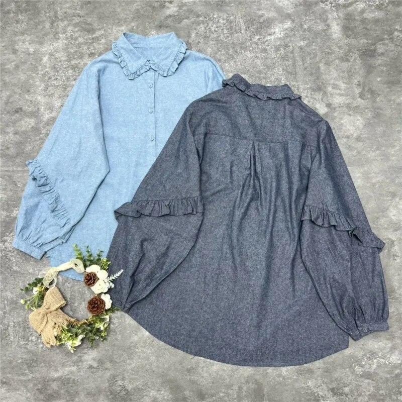 Johnature Japanese Mori Women Lace Doll Collar Long Sleeve Shirt Autumn Loose Vintage Tops