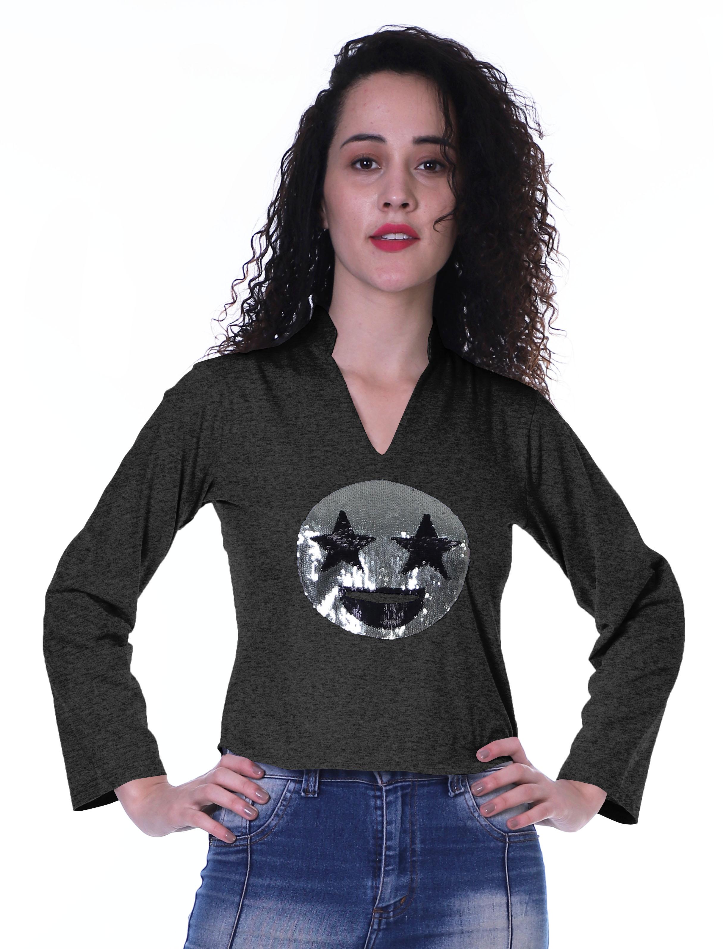 

Moomaya Women s V-Neck Top w Sequin Smiley Patch Long Sleeve Tunic For Summer Casual Fun XS сірий колір